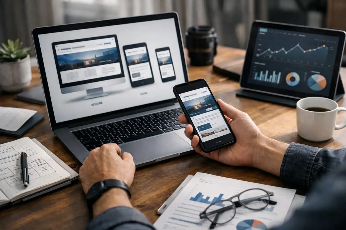 Custom responsive business application displayed on laptop and smartphone